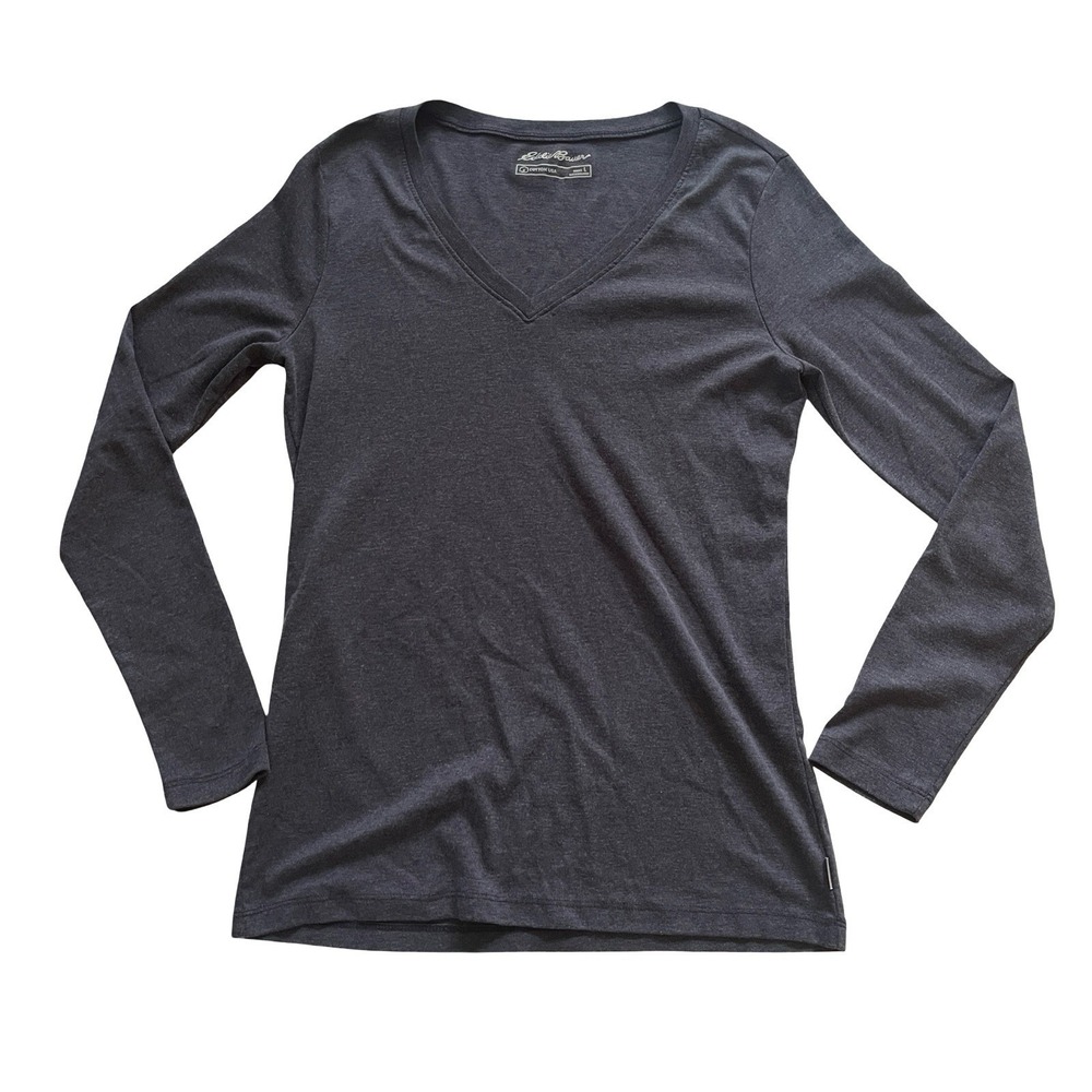 Eddie Bauer Women's Size L V-Neck Gray Long Sleeve Shirt Cotton USA Blend